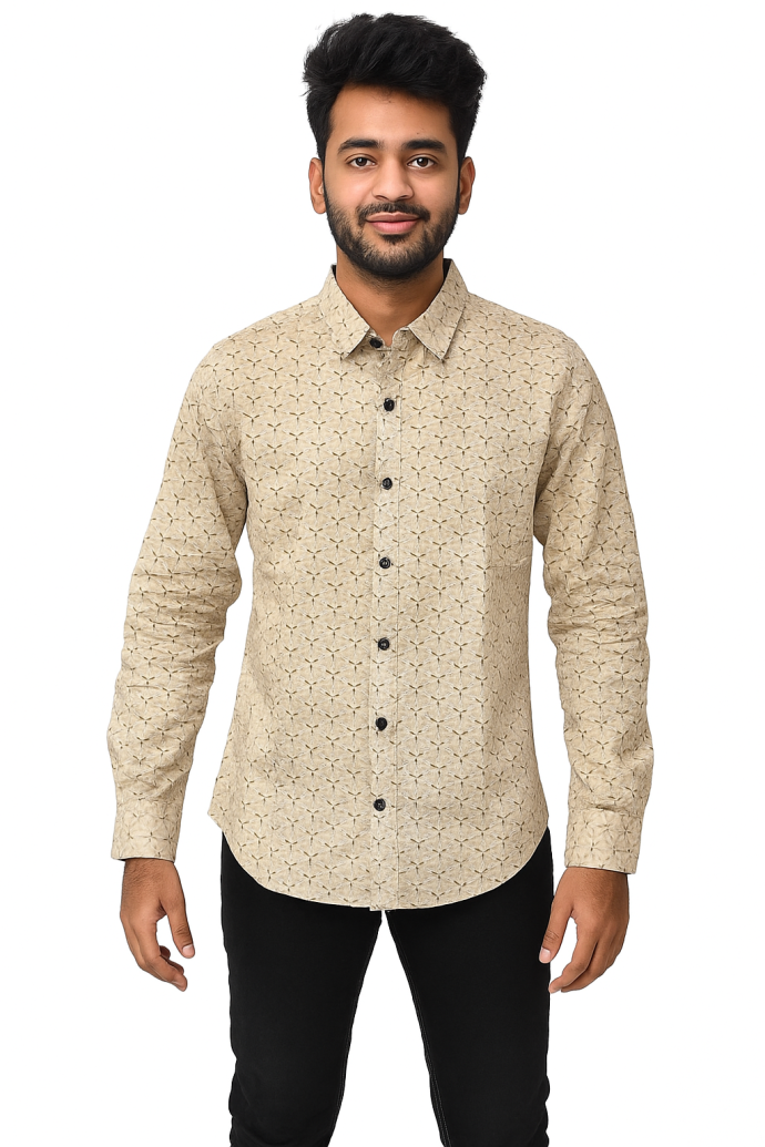 Mens Beige Printed Cotton Shirt  Full Sleeve  RV Paris