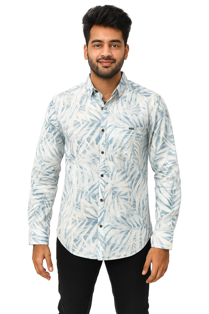 TZone Mens Blue Leaf Print Cotton  Full Sleeve Shirt