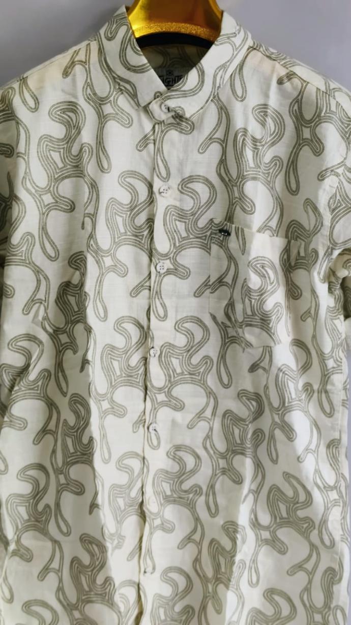 Fighter Mens OffWhite Shirt with Olive Green Abstract Print  Full Sleeves