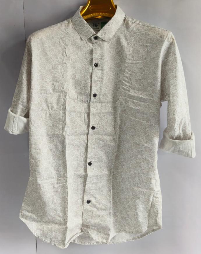 RV Paris Mens Cream White Casual Shirt  Light Grey Pattern Print