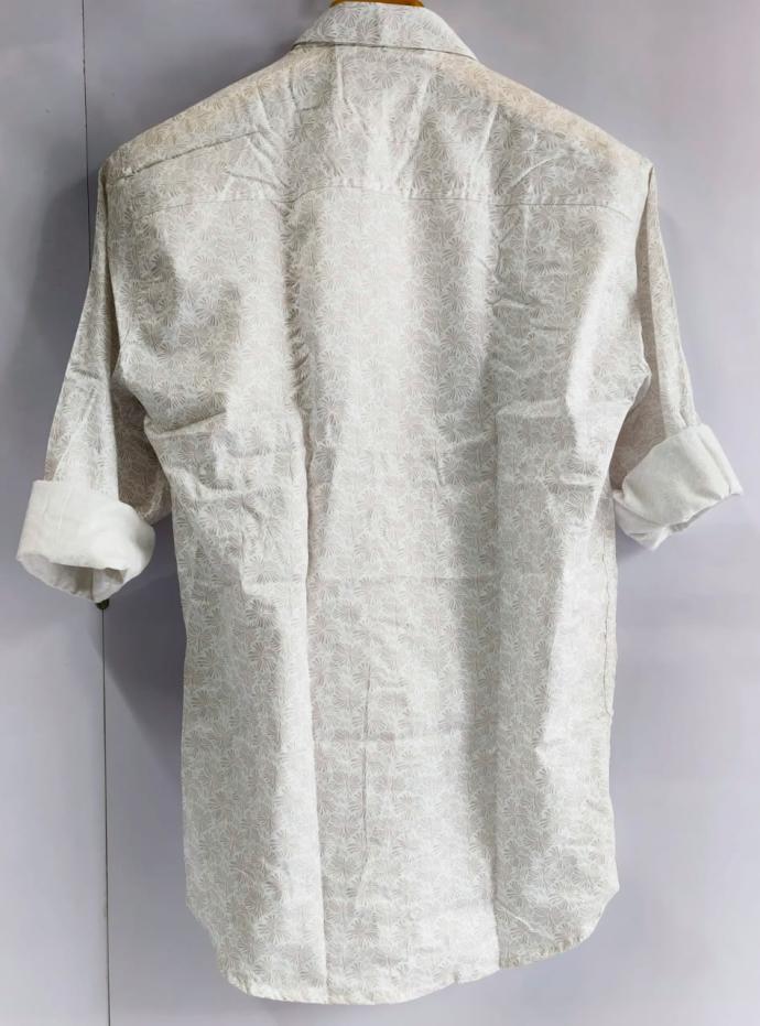 RV Paris Mens Cream White Casual Shirt  Light Grey Pattern Print
