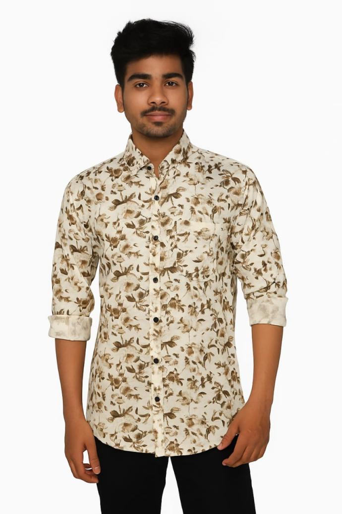RV PARIS White  Brown Botanical Bird Printed Cotton Shirt