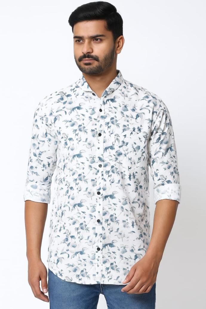 RV PARIS White  BlackBlue Botanical Bird Print Casual Shirt