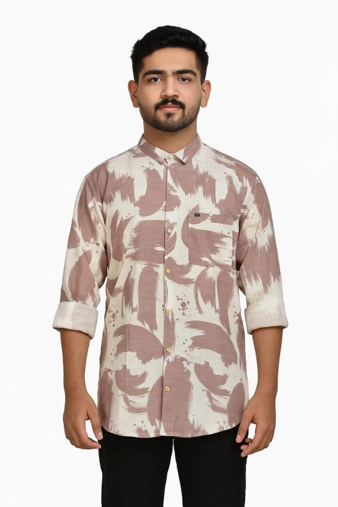 RV Paris Casual Shirt  White Base with Mauve Brown Artistic Print