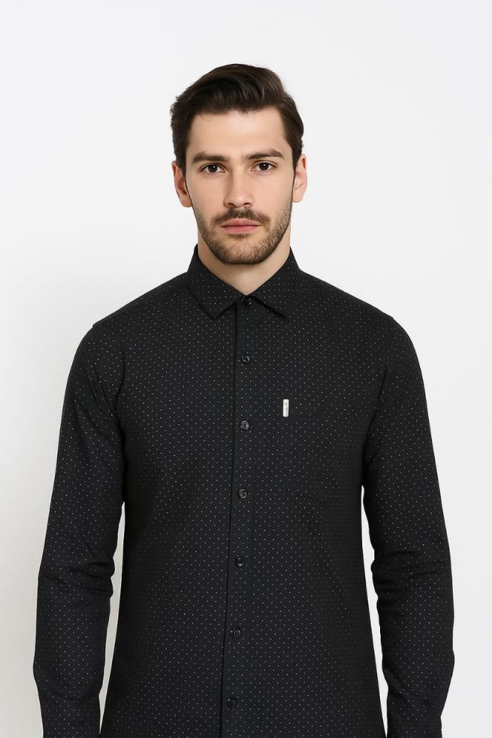 RV Paris Mens Black Shirt with White Dots  Full Sleeves