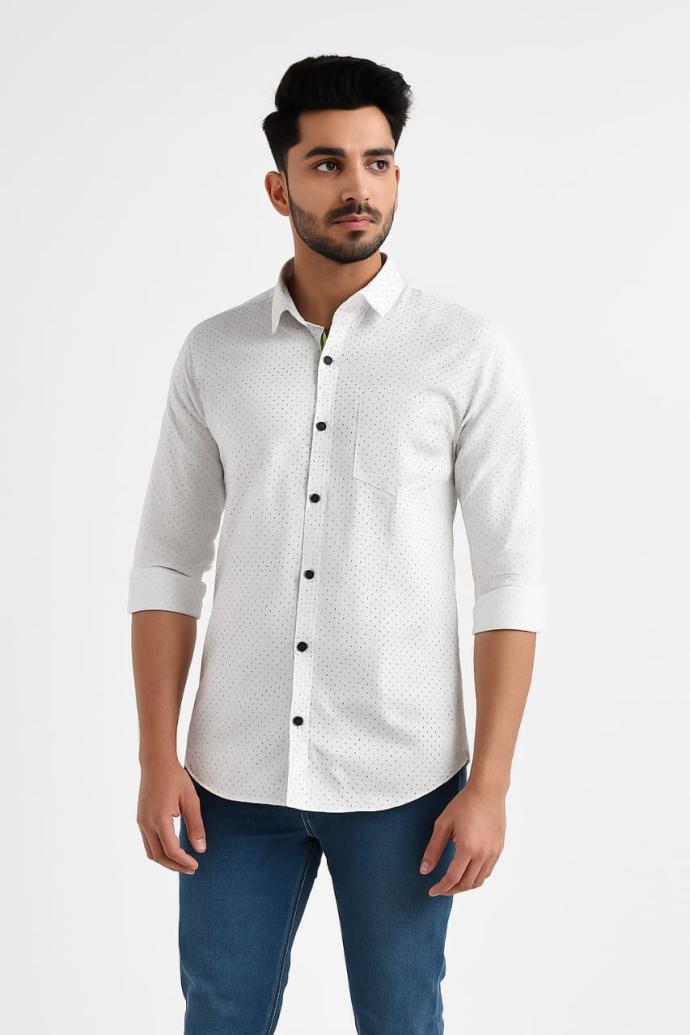 RV Paris Mens White Shirt with Black Dots  Full Sleeves