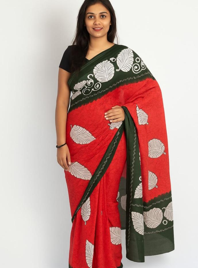 Women Daily Wear Malai Cotton Red Colour Saree with Green Border B