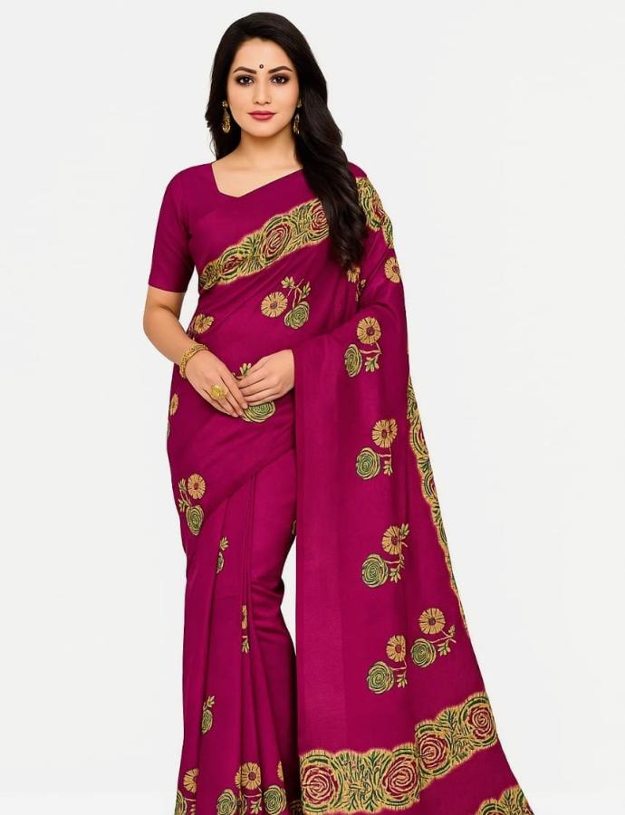 Women Daily Wear Malai Cotton Magenta Colour Saree with Floral Design B