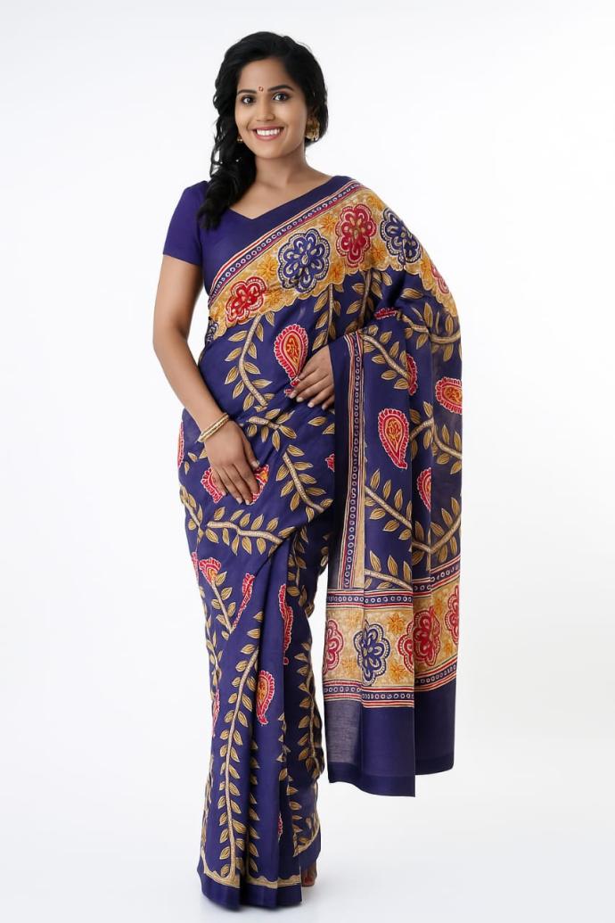 Women Daily Wear Malai Cotton Navy Blue Colour Saree with Leaf Pattern B