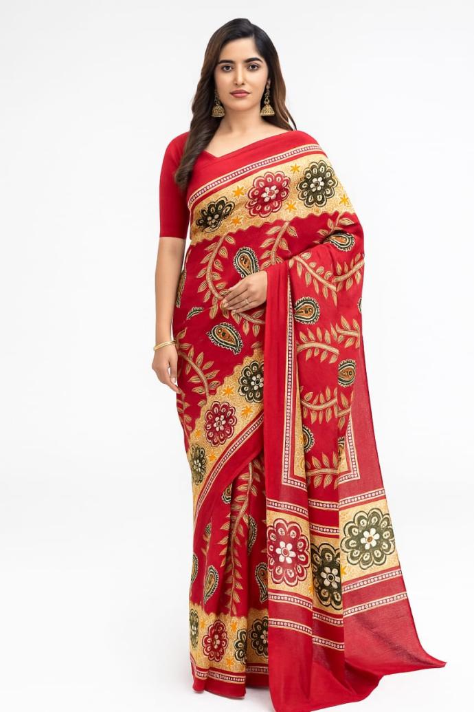 Women Daily Wear Malai Cotton Red Colour Saree with Leaf Pattern B