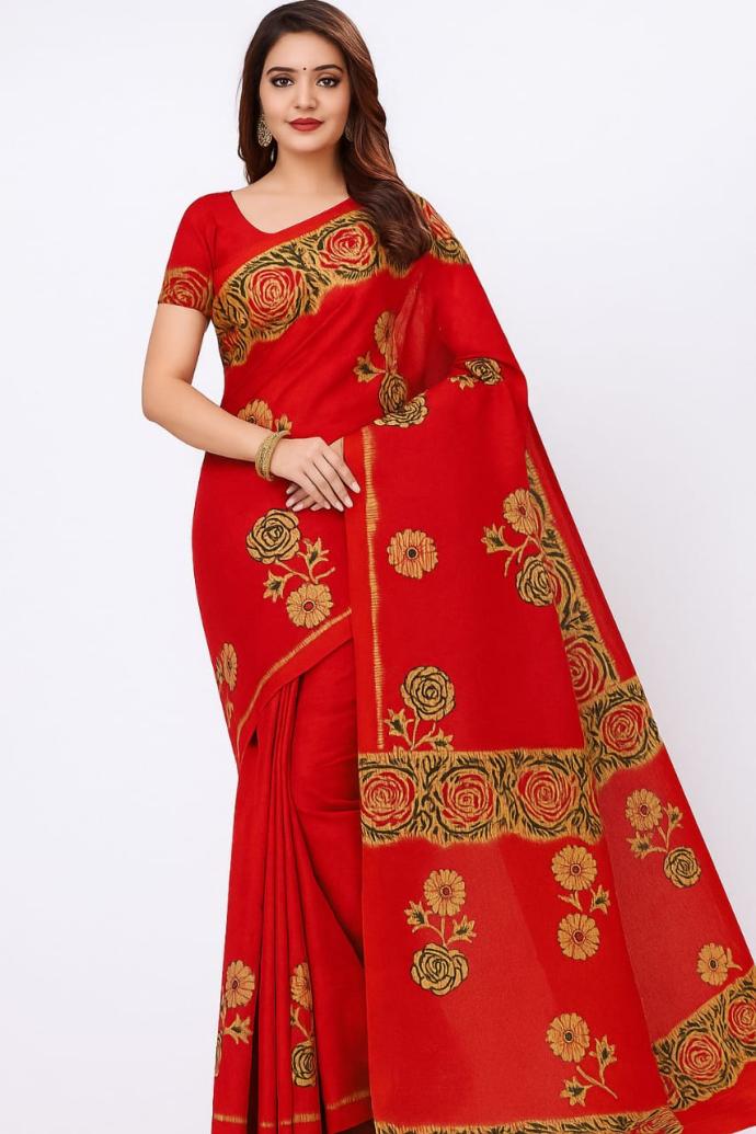 Women Daily Wear Malai Cotton Red Colour Saree with Floral Border B