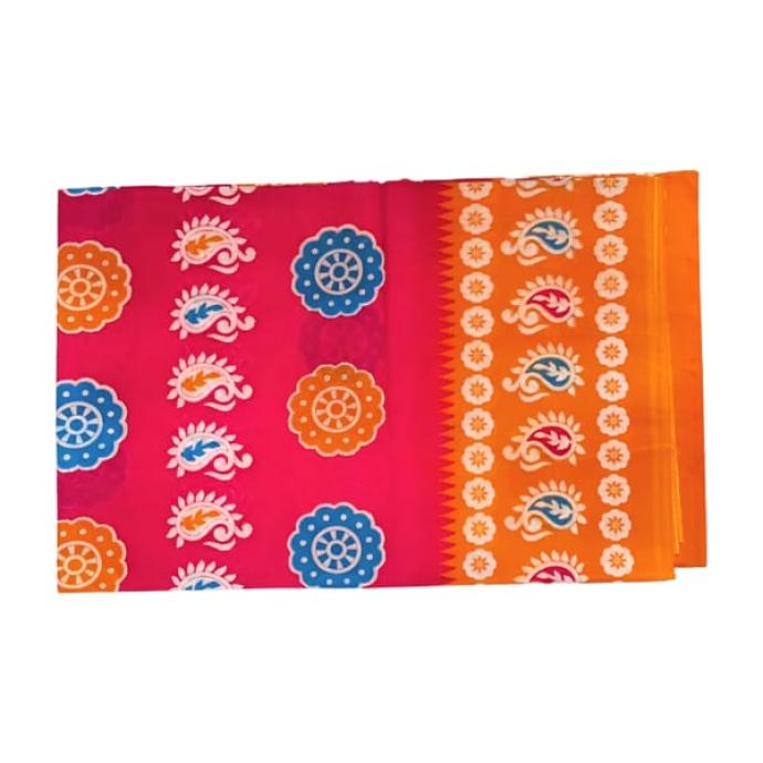 Women Daily Wear Malai Cotton Magenta Red Saree with Orange Floral Border B