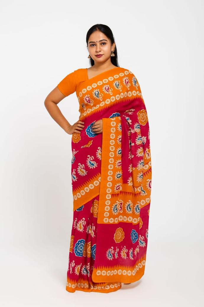 Women Daily Wear Malai Cotton Magenta Red Saree with Orange Floral Border B