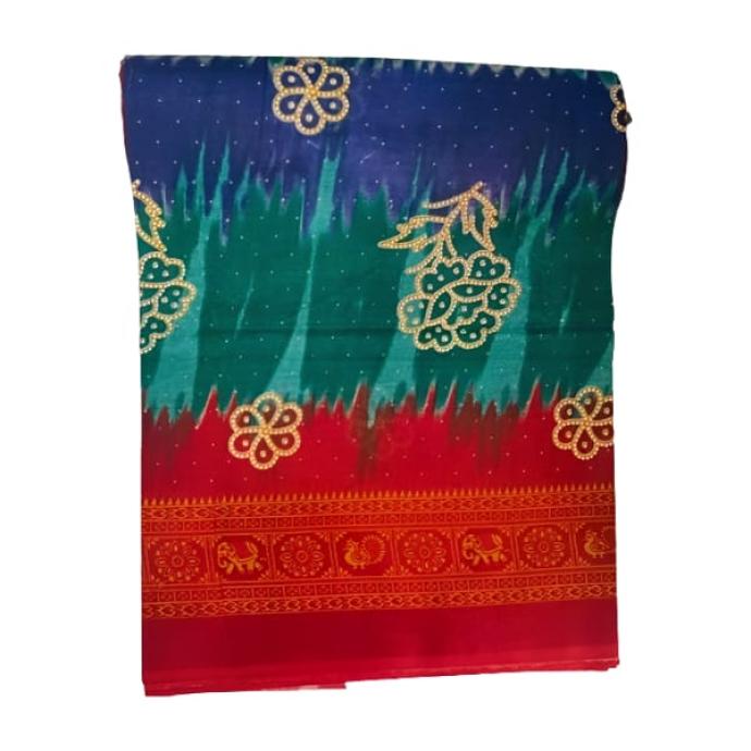 Women Daily Wear Malai Cotton Bottle Green  Navy Blue Saree with Maroon Floral Border B
