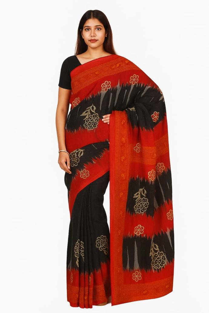 Women Daily Wear Malai Cotton Black Saree with Red Floral Border B