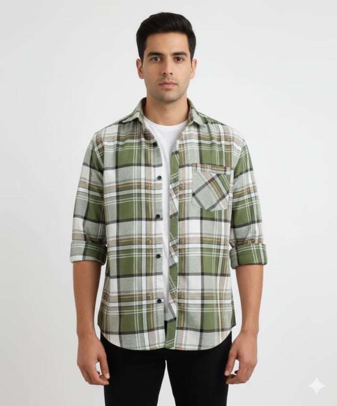 RV Paris Mens Smart Green  White Check Shirt  Trendy Casual Wear J