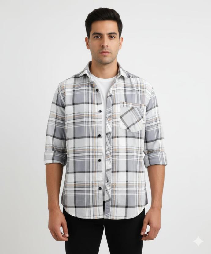 RV Paris Mens Stylish Grey  White Check Shirt  Comfortable Casual Wear J