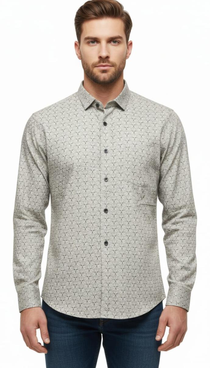 Mens Beige Printed Cotton Shirt  Full Sleeve  RV Paris