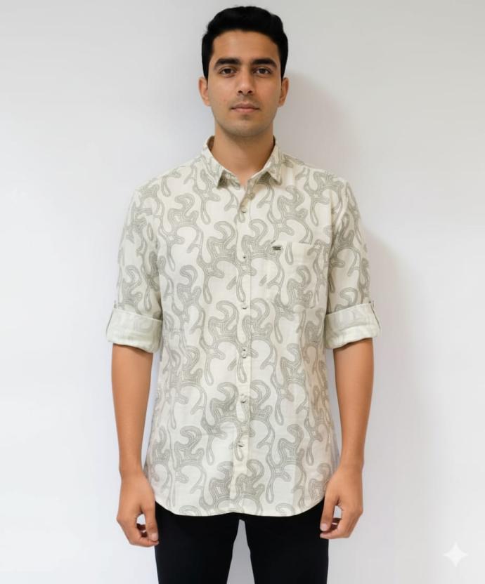 Fighter Mens OffWhite Shirt with Olive Green Abstract Print  Full Sleeves