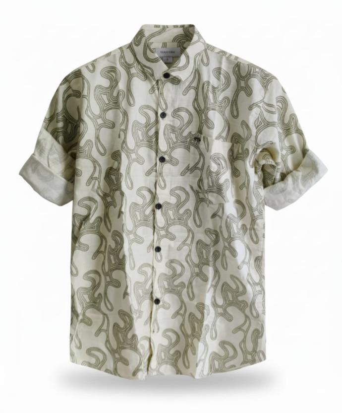 Fighter Mens OffWhite Shirt with Olive Green Abstract Print  Full Sleeves