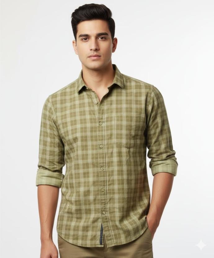 Fighter Mens Light Olive Green Checked Shirt  Full Sleeves