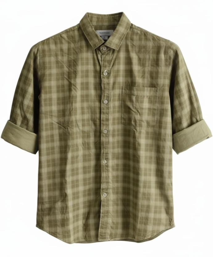 Fighter Mens Light Olive Green Checked Shirt  Full Sleeves