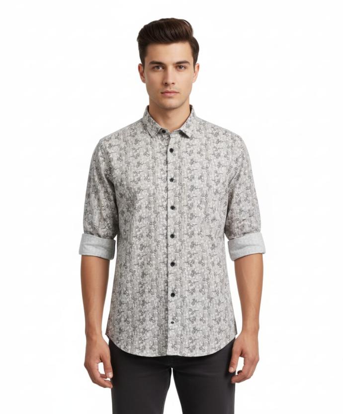 RV Paris Casual Printed Shirt  Off White with Charcoal Floral Pattern