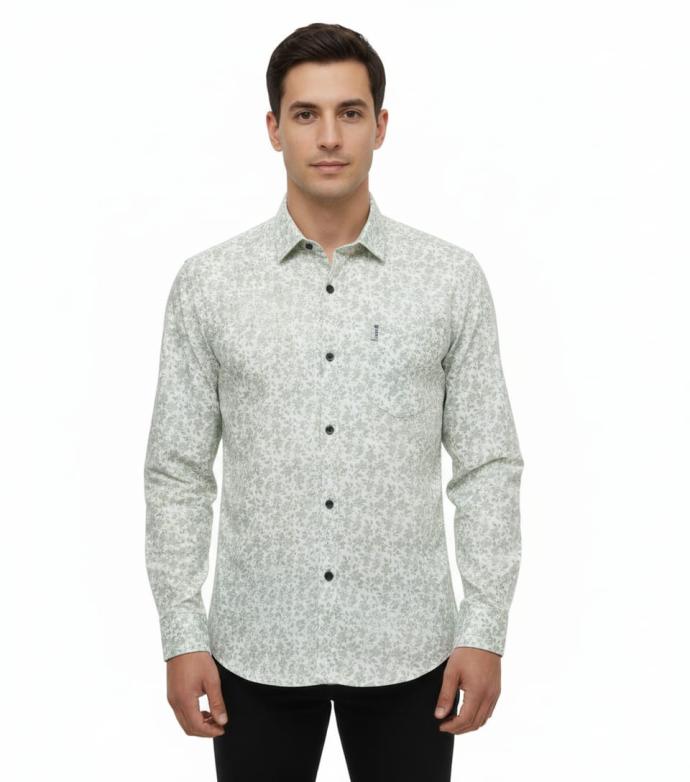 RV Paris Mens Cream White Casual Shirt  Light Grey Pattern Print