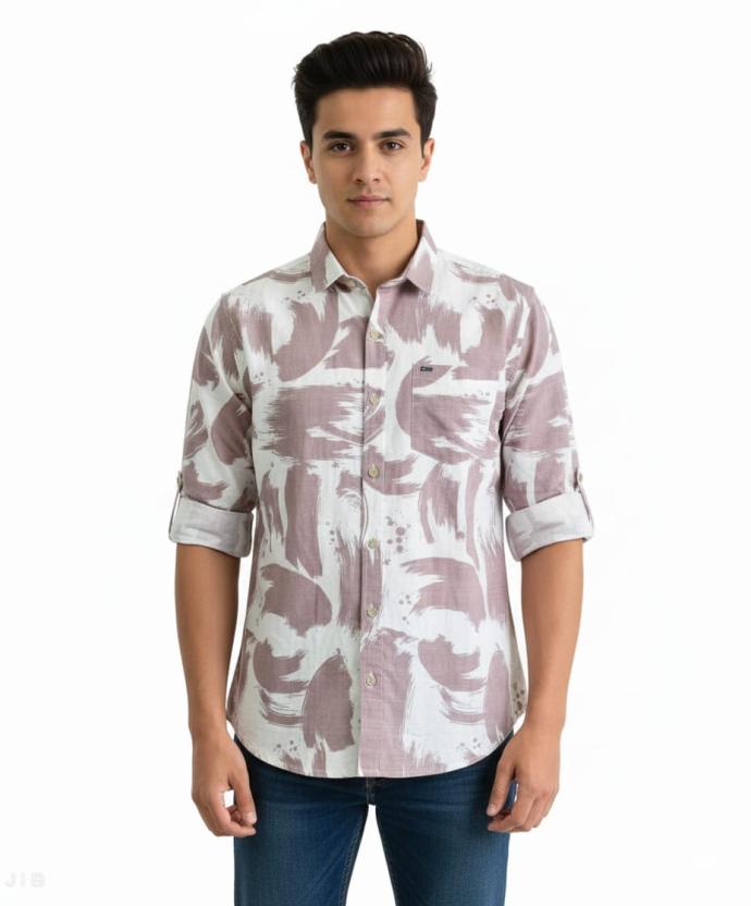 RV Paris Casual Shirt  White Base with Mauve Brown Artistic Print