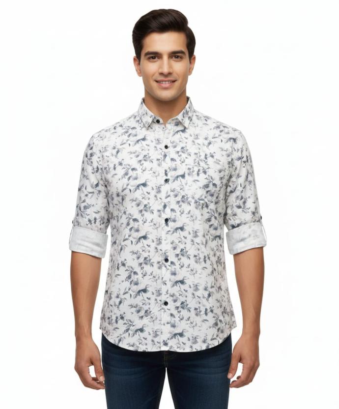 RV PARIS White  BlackBlue Botanical Bird Print Casual Shirt