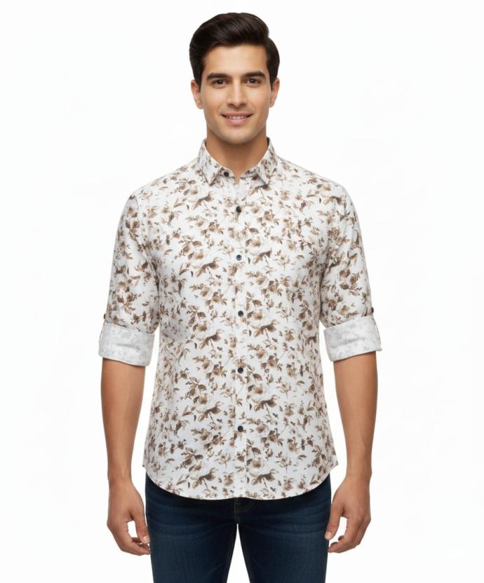 RV PARIS White  Brown Botanical Bird Printed Cotton Shirt