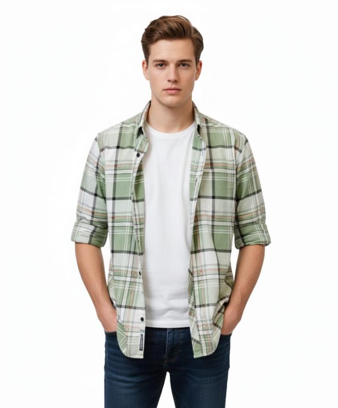 RV Paris Mens Smart Green  White Check Shirt  Trendy Casual Wear J