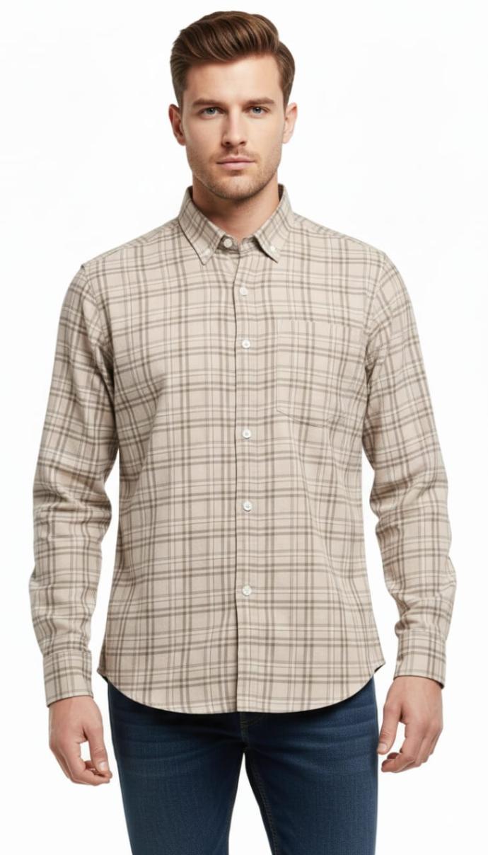 RV Paris Mens Beige Regular Fit Check Shirt  Stylish Office  Weekend WearF