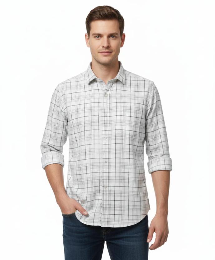RV Paris Mens White  Light Gray Slim Fit Checked Shirt
