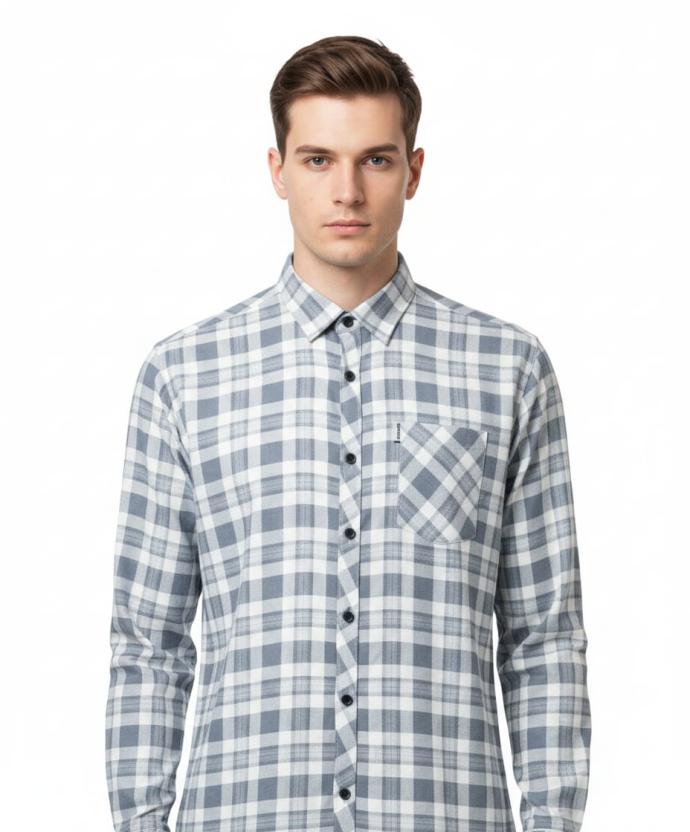 RV Paris Mens Slim Fit Blue  White Checked Shirt  Modern Casual Style  J