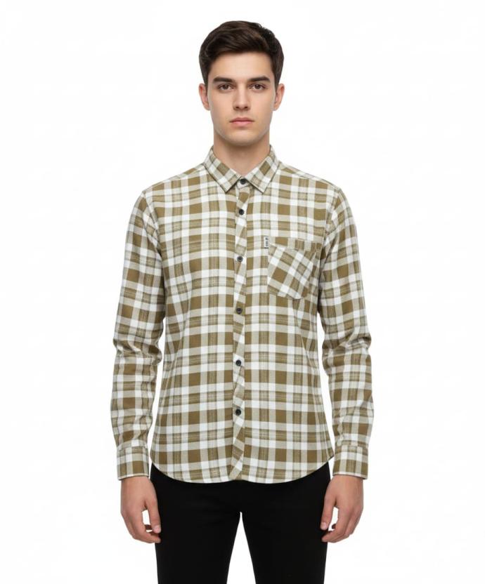 RV Paris Mens Premium  Light  Brown White Check Shirt  Elegant Casual Outfit  J