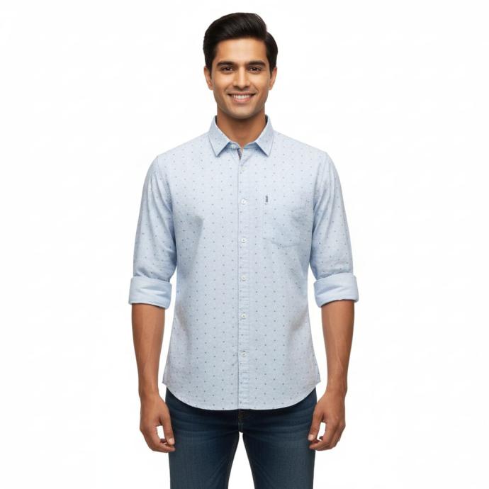 RV Paris Mens Smart Sky Blue and black dots Shirt Casual Office Ready