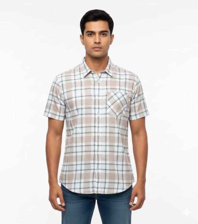 Arfoz Mens Beige  White Checked Half Sleeve Casual Shirt J
