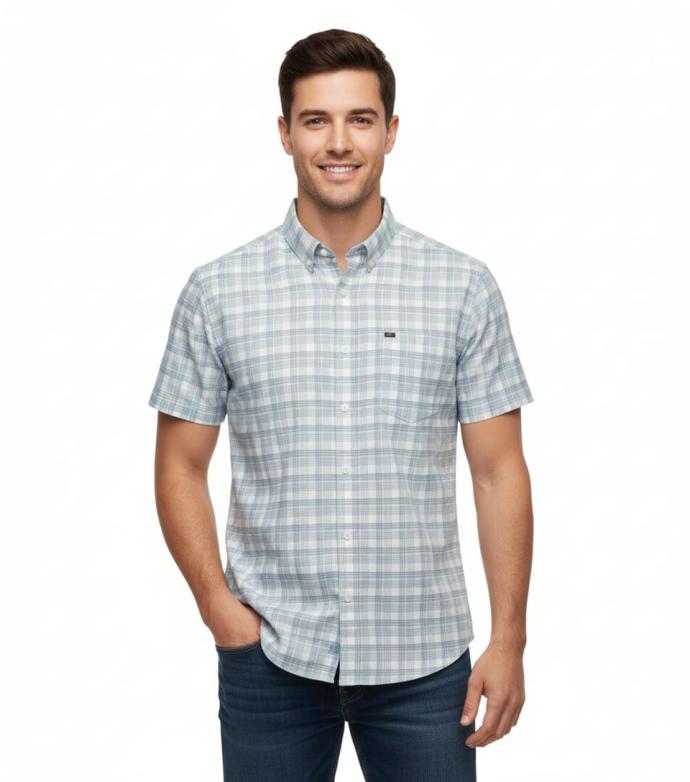 Arfoz Mens Light Blue White Checked Half Sleeve Casual Shirt