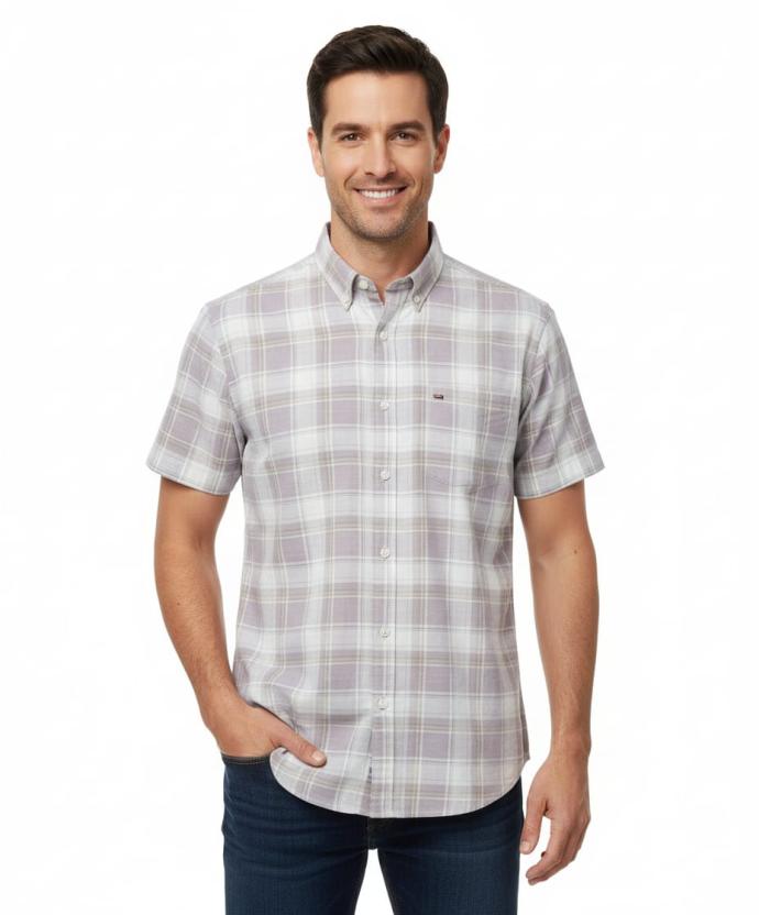 Arfoz Mens Light Brown  White Checked Half Sleeve Casual Shirt J
