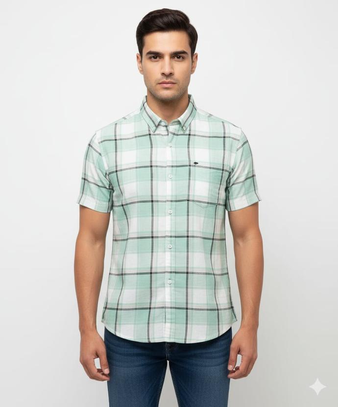 Arfoz Mens Stylish Green Checked Half Sleeve Casual Shirt J