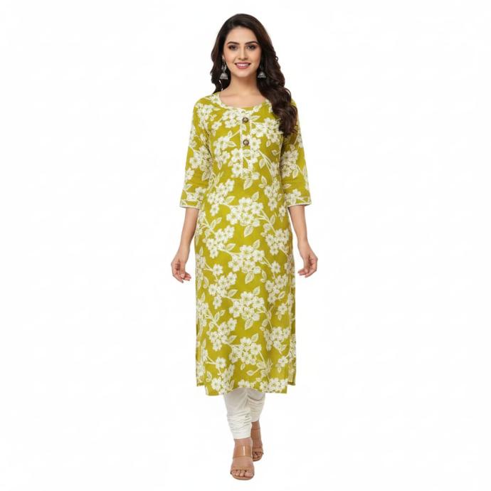 Womens Light Green Kurti with White Flower Print  Elegant Casual Wear