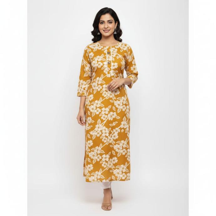 WomensYellowKurti with White Flower Print Elegant Casual Wear