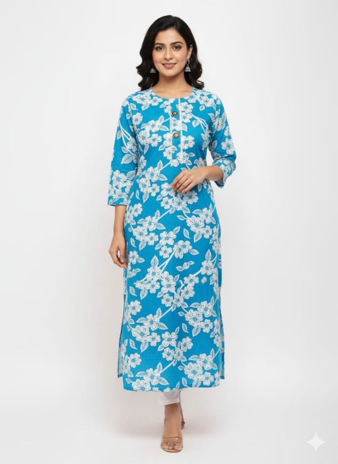 Womens Sky Blue Kurti with White Flower Print  Elegant Casual Wear