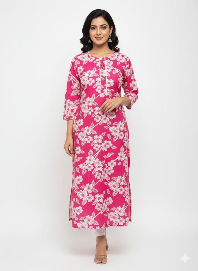 Womens Pink Kurti with White Flower Print  Elegant Casual Wear