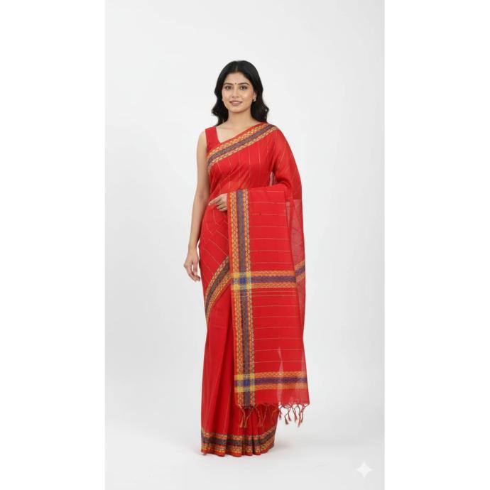 Traditional red Handloom Jamdani Saree  Perfect for Puja  Special Occasions