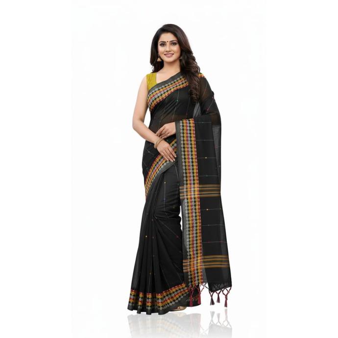 Traditional black Handloom Jamdani Taant Saree for Festival  Occasion Wear