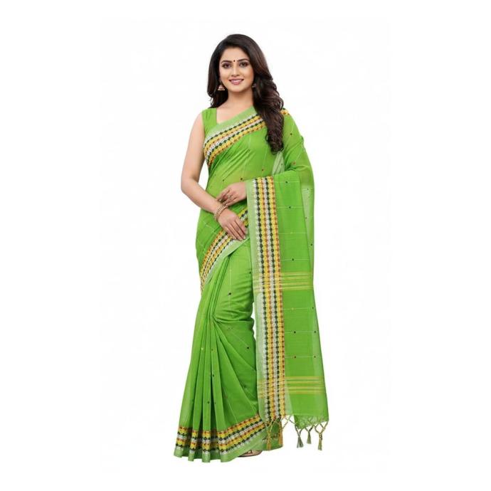 Traditional green Handloom Jamdani Taant Saree for Festival 