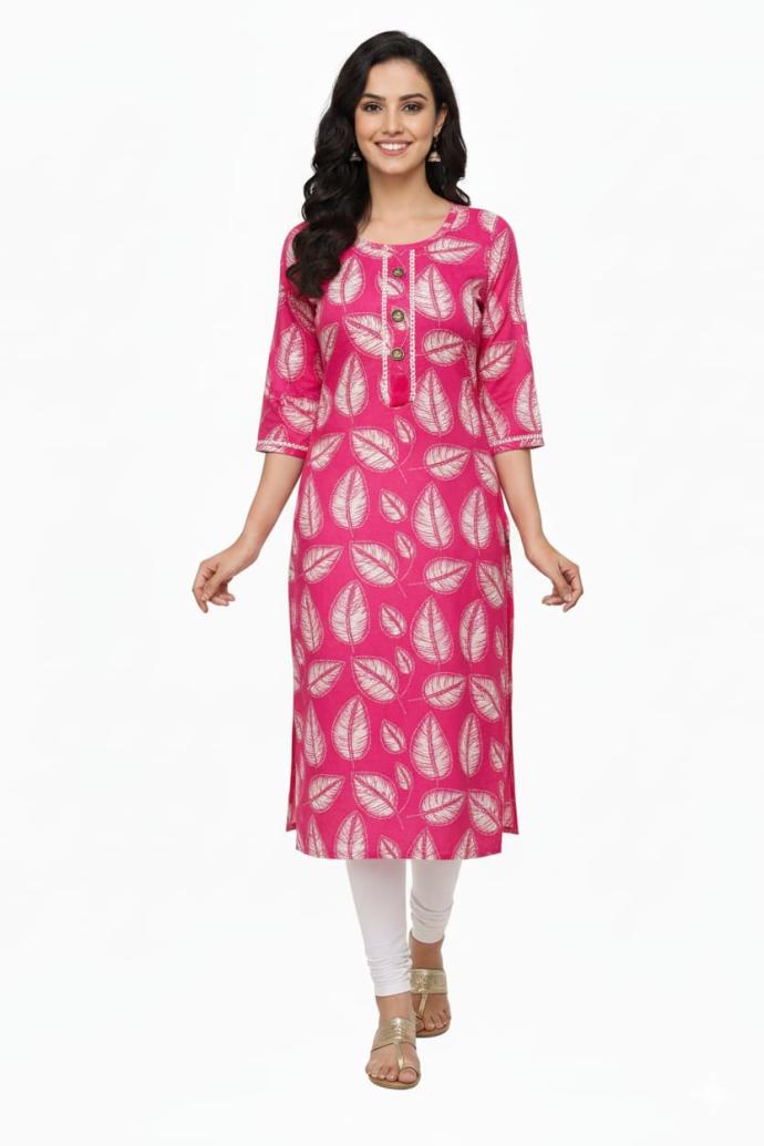 Leaf Printed Pink Long Kurti For Women Elegant Wear