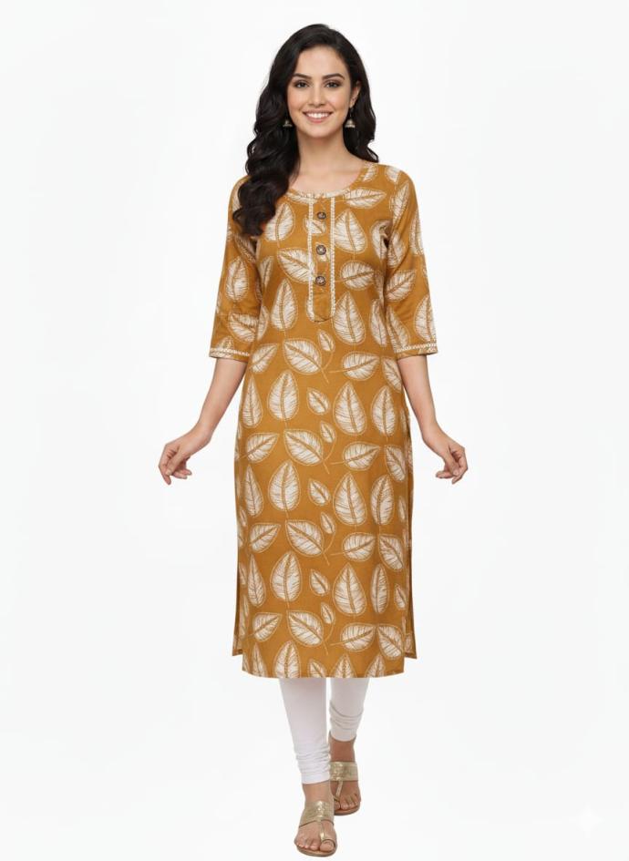Leaf Printed yellow Long Kurti For Women Elegant Wear